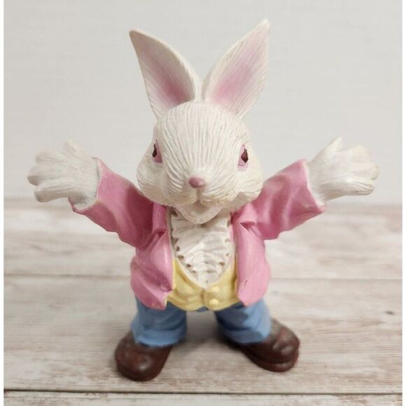 Vintage Easter Bunny Figurine Rabbit Statue 4" Pink Jacket Blue Pants Brown Shoe - Picture 11 of 11